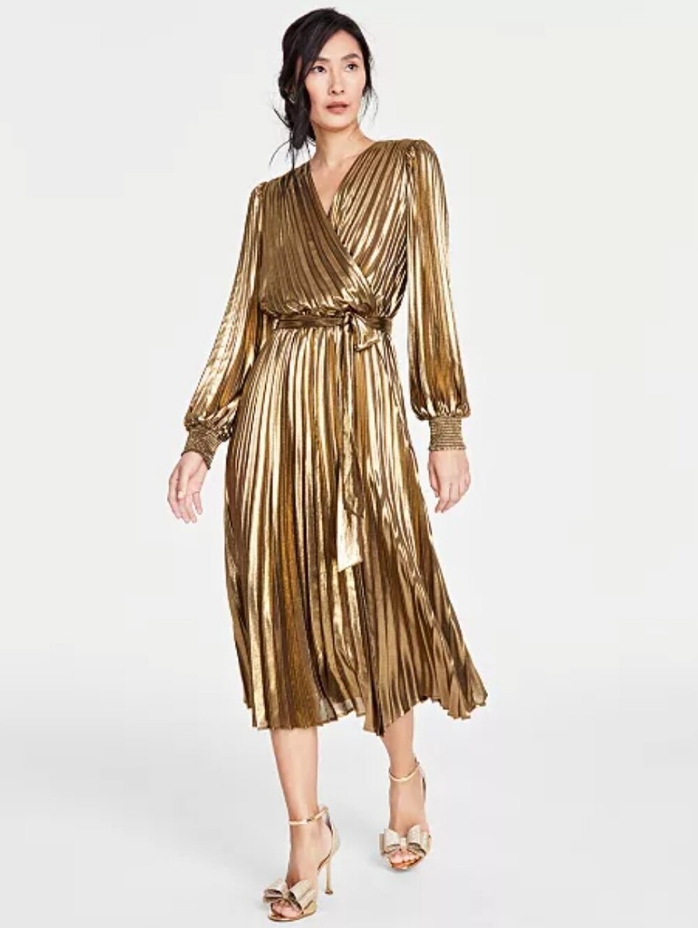 INC International Concepts Metallic Gold Pleated Wrap Midi Dress